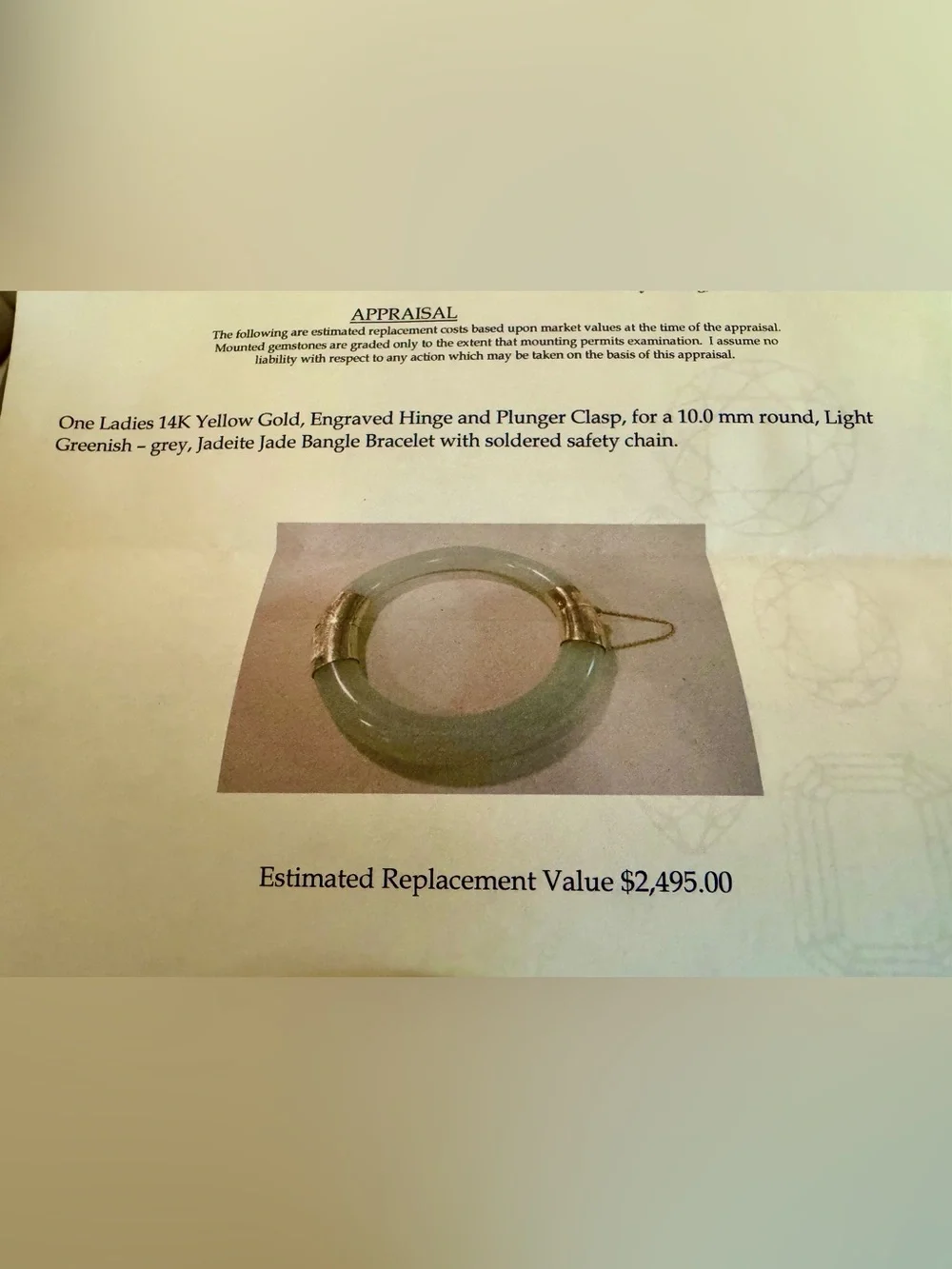 Vintage 14K Yellow Gold, Engraved Hinge and Plunger Clasp Jadeite Jade Bangle